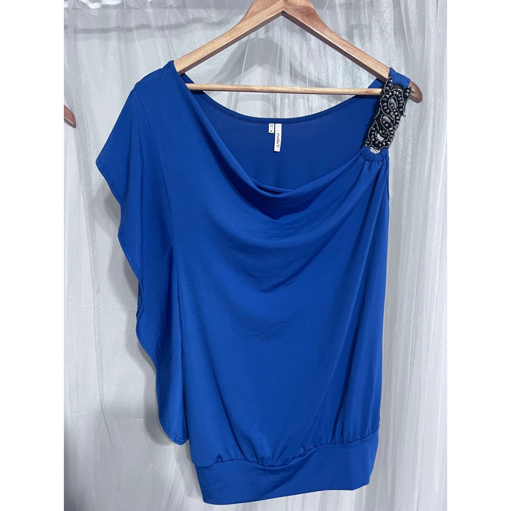 Studio Y Royal Blue One Shoulder Beaded Ruffle Blouson Top Medium Made in USA